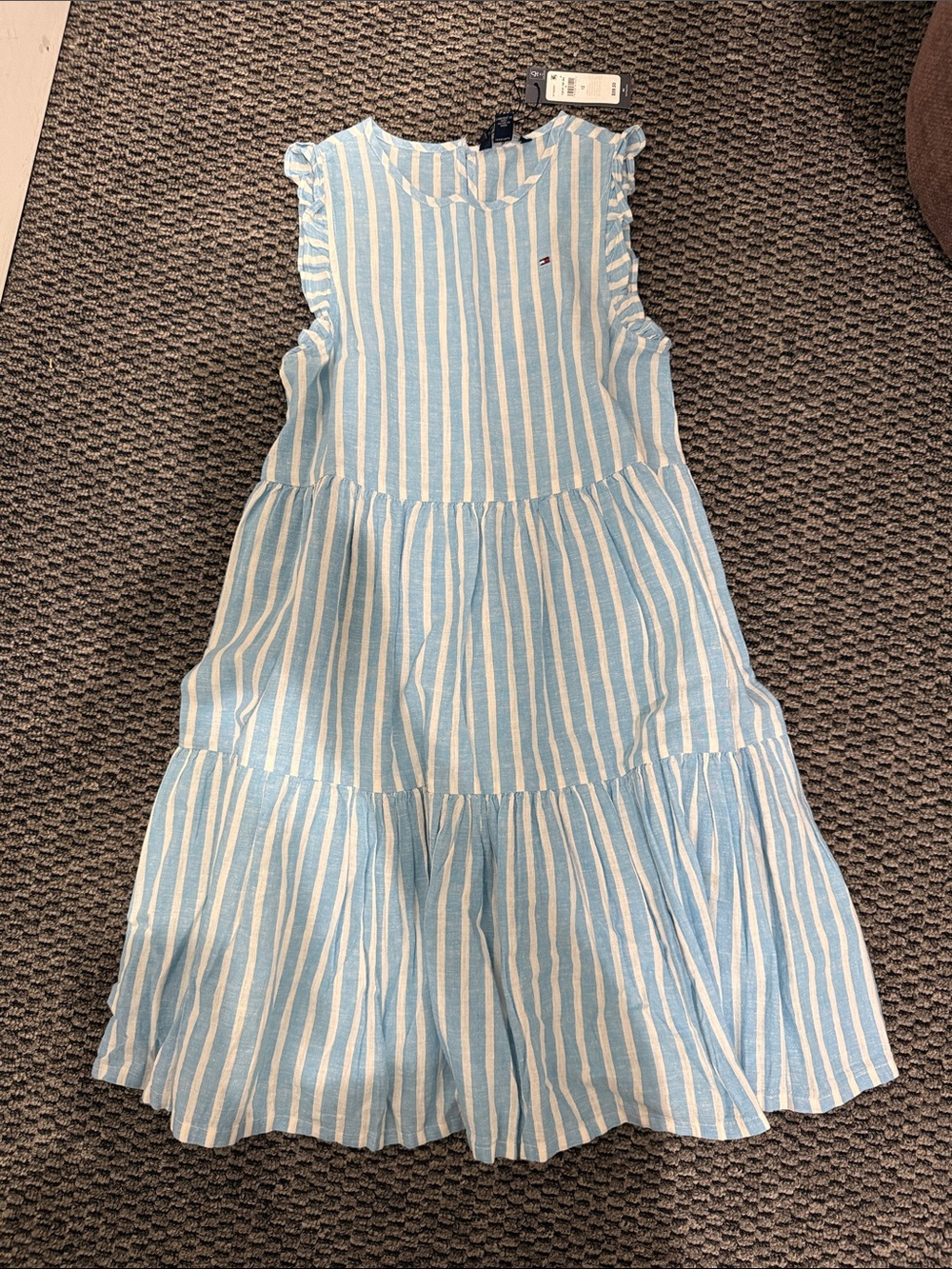 Tommy Hilfiger Light Blue & White Striped Tiered Dress